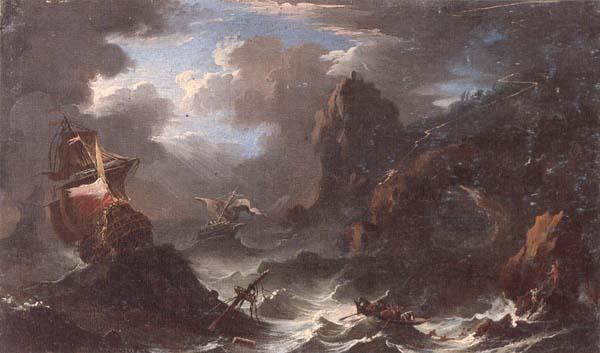 unknow artist A coastal landscape with shipping in a storm,figures shipwrecked in the foreground Sweden oil painting art